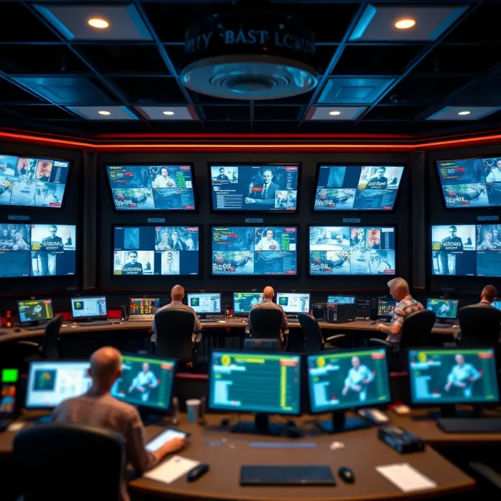 Casino Operations and Regulatory Monitoring Control room with multiple monitors displaying casino operations and security systems