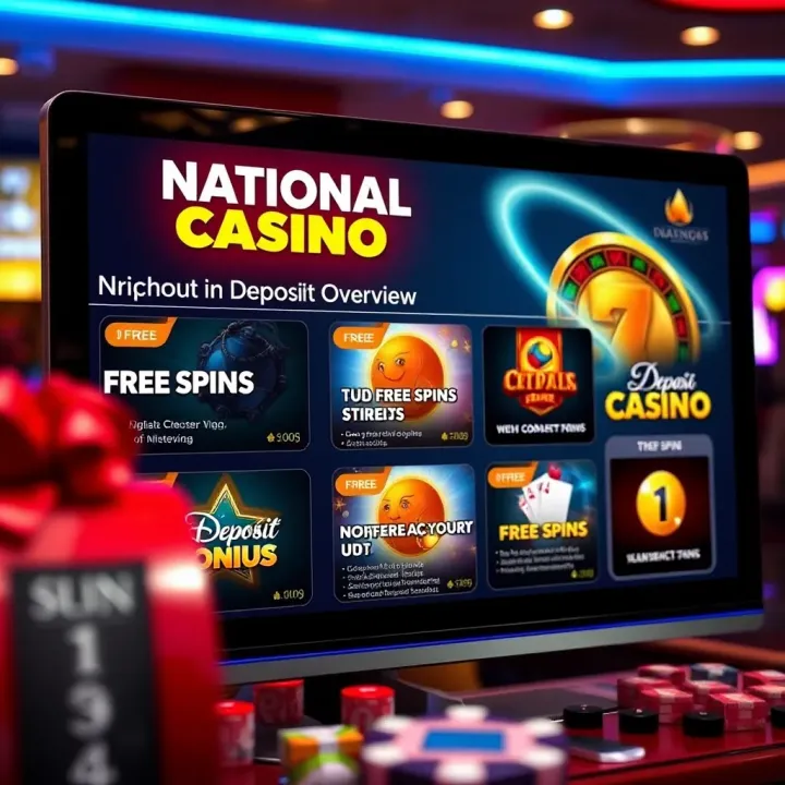 Illustration of a digital casino interface showcasing no deposit bonus offers and free spins available to players