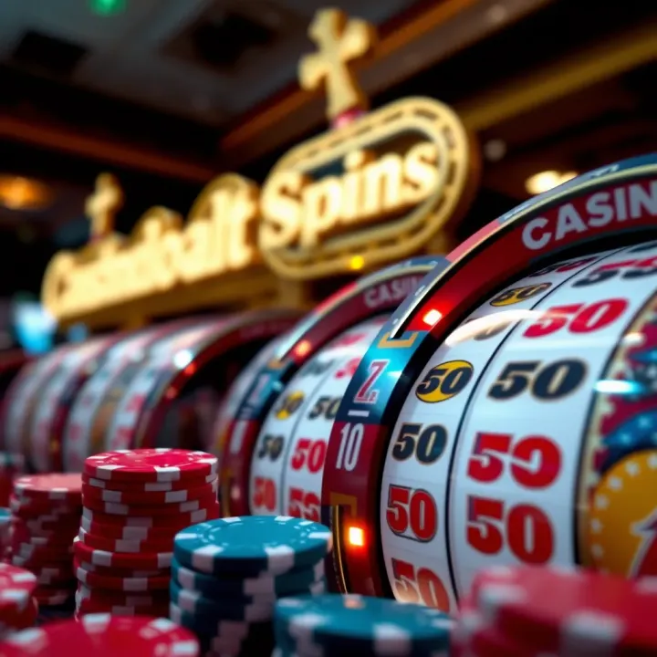 A digital representation of free spins bonus concept with casino chips and spinning reels