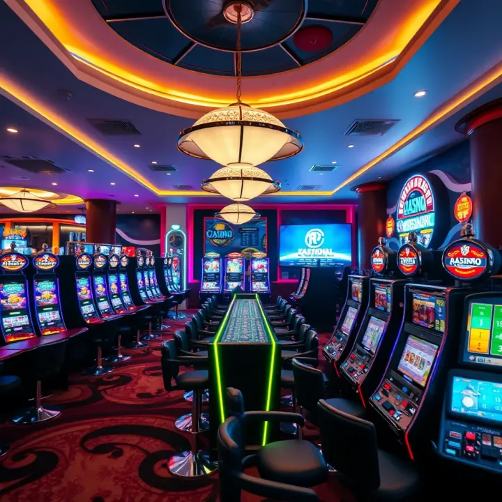 Interior view of a modern casino floor with slot machines and gaming tables illuminated by vibrant lights