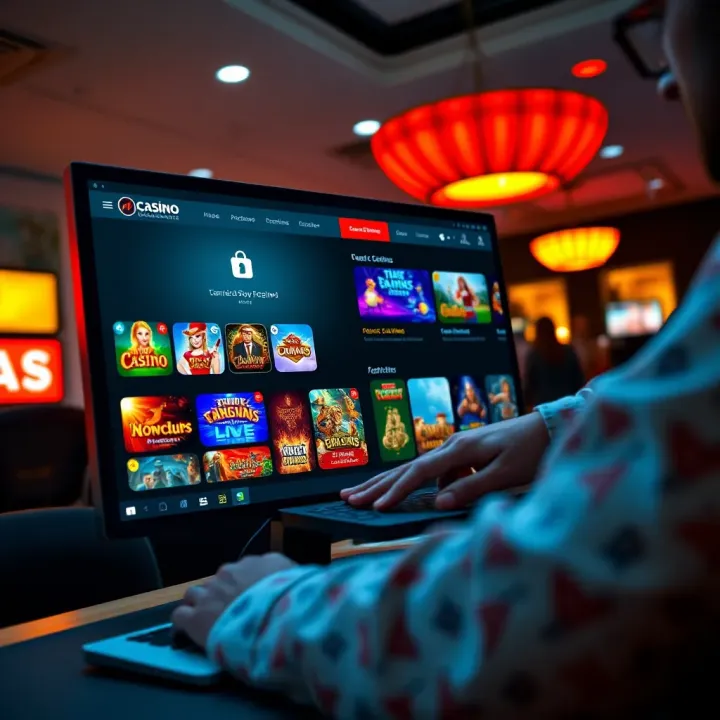 Illustration showing a computer screen with an online casino interface highlighting various game options and a secure payment gateway