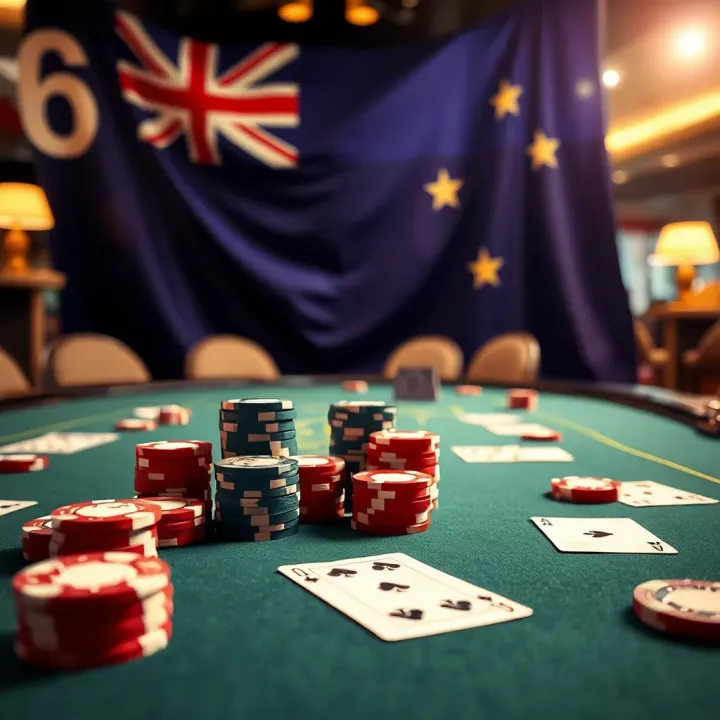 Australian Casino Poker Table Setup Poker chips and cards on a casino table with an Australian flag in the background