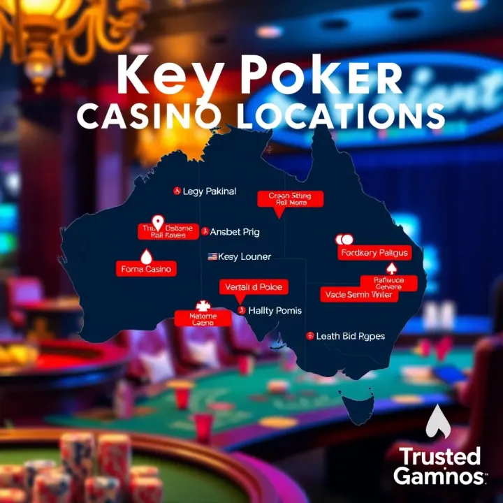 Stylized map of Australia highlighting major casino locations for poker events