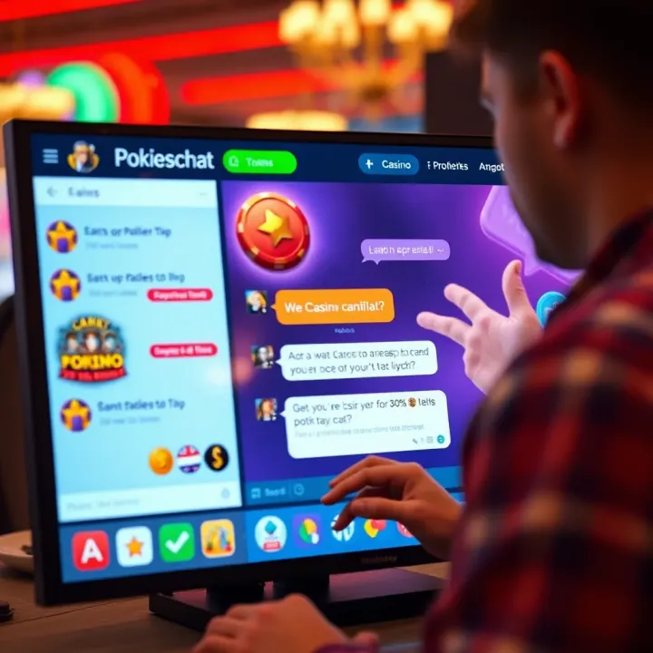 User interacting with a lively online chat interface featuring casino-themed icons and messages