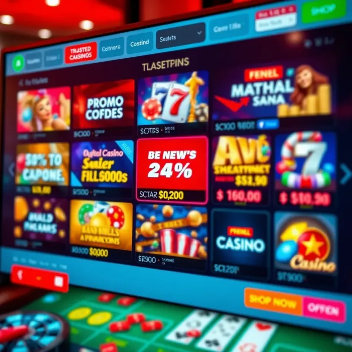 A digital casino screen highlighting various promo code offers and bonuses