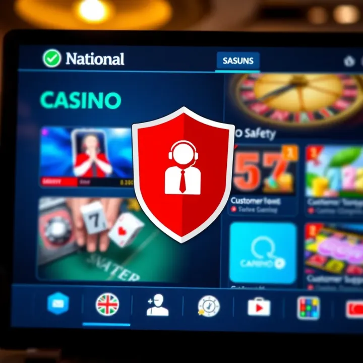 Secure online casino platform with a shield symbol representing safety and customer support icons