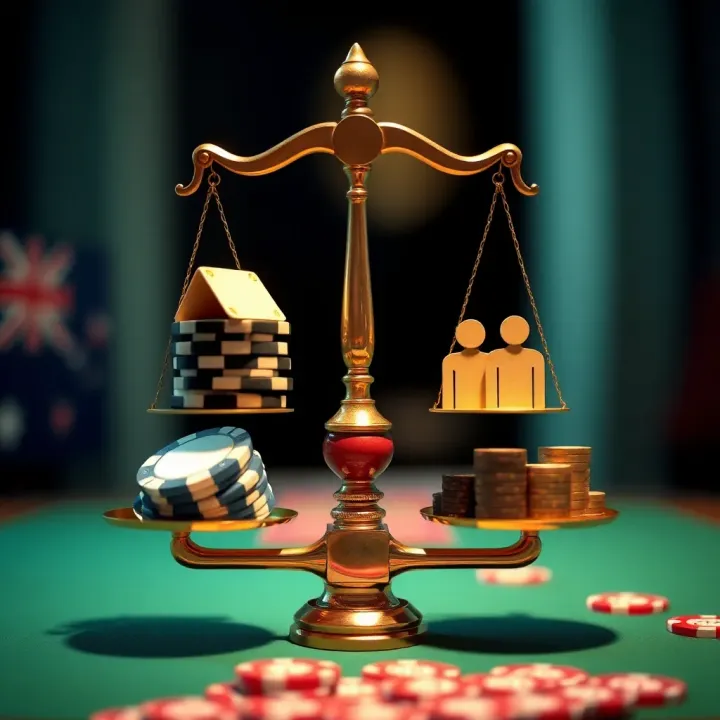 Balancing Economic Gains and Social Concerns in Casino Debate Illustration depicting a balance scale with casino chips on one side and community icons on the other, symbolizing debate