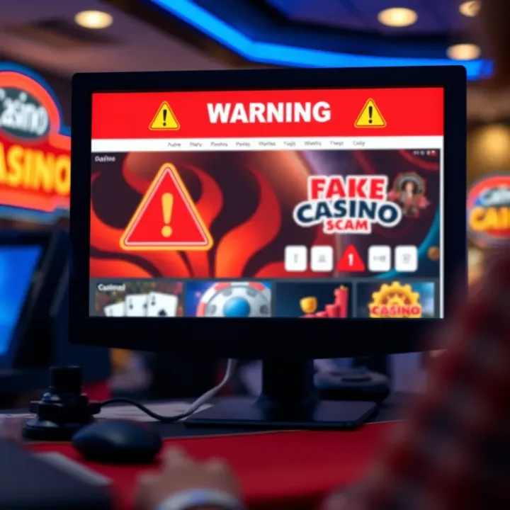 Illustration of a computer screen displaying a fake online casino website with warning icons