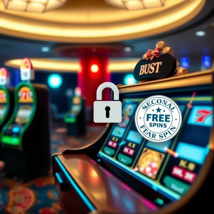 Playing Securely and Fairly at National Casino with Free Spin Benefits Secure online casino environment with symbols of trust like padlock and fair play badge alongside spinning reels