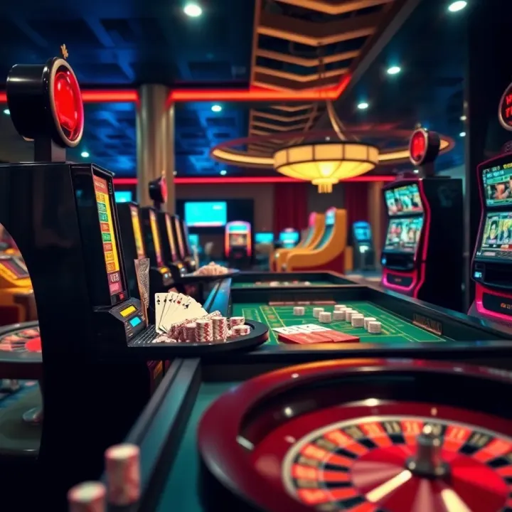 Display of diverse casino games including cards, roulette, and slot machines
