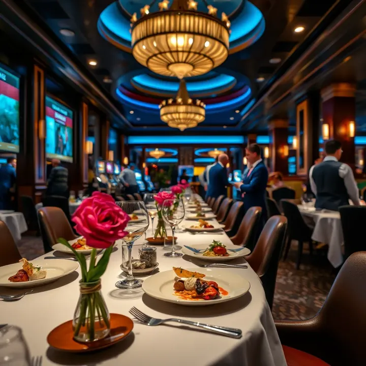 Elegant dining area with gourmet dishes and ambient lighting in a casino restaurant