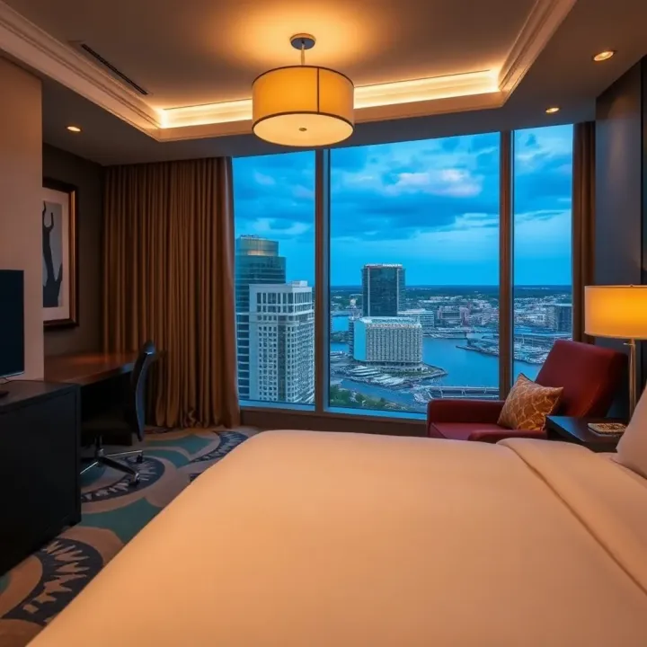 Luxurious hotel accommodations with modern decor and city view from large windows