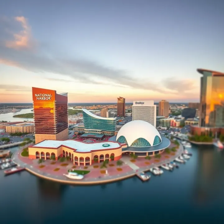 Aerial view of National Harbor casino with surrounding waterfront and cityscape