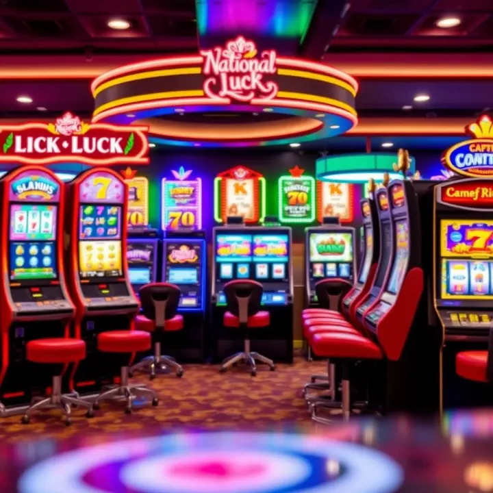 National Luck Casino Slot Machines and Gaming Variety Colorful casino slot machines with vibrant lights and symbols