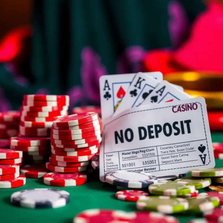 Graphic showing casino chips and cards alongside a no deposit bonus voucher