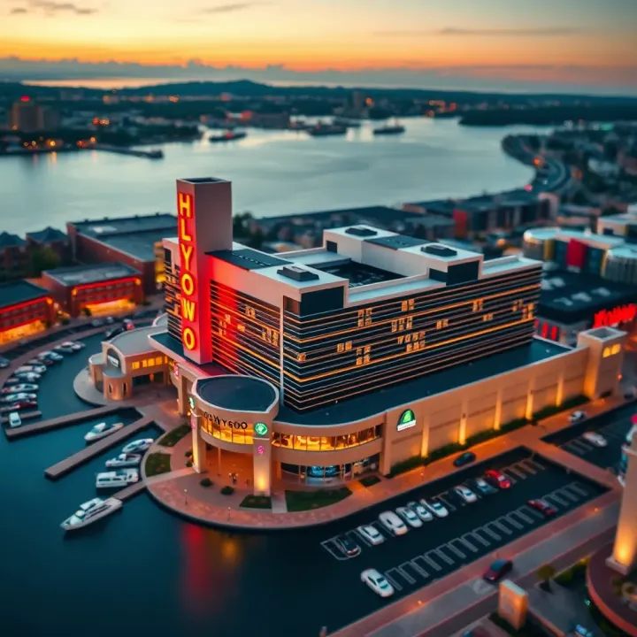 Hollywood Casino National Harbor Aerial Perspective Aerial view of Hollywood Casino National Harbor showcasing its modern architecture and waterfront location near Washington D.C.