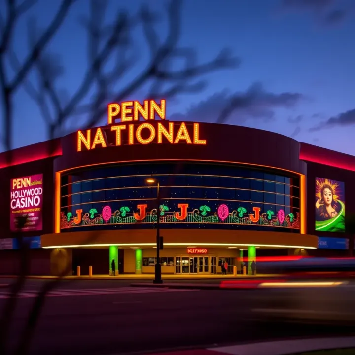 Penn National Hollywood Casino Entrance at Dusk Exterior view of Penn National Hollywood Casino showcasing its vibrant entrance and signage at dusk