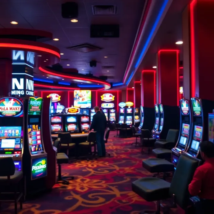 Interior gaming floor of Penn National Hollywood Casino featuring slot machines and gaming tables with ambient lighting