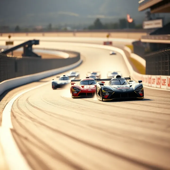High-speed race cars competing on the Penn National Raceway track under bright daylight
