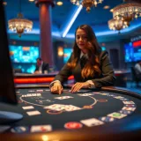 Online blackjack table featuring a live dealer interacting with digital cards