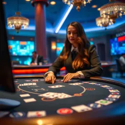 Online blackjack table featuring a live dealer interacting with digital cards