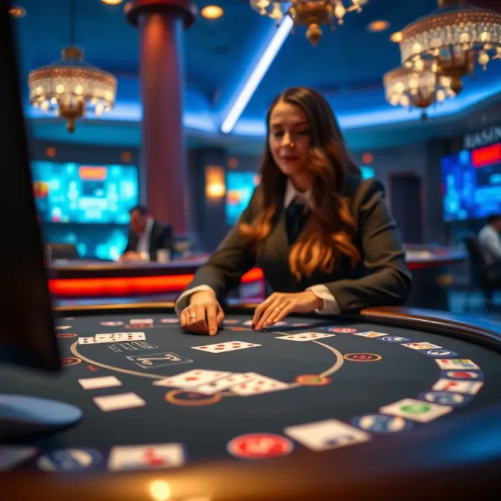 Online blackjack table featuring a live dealer interacting with digital cards