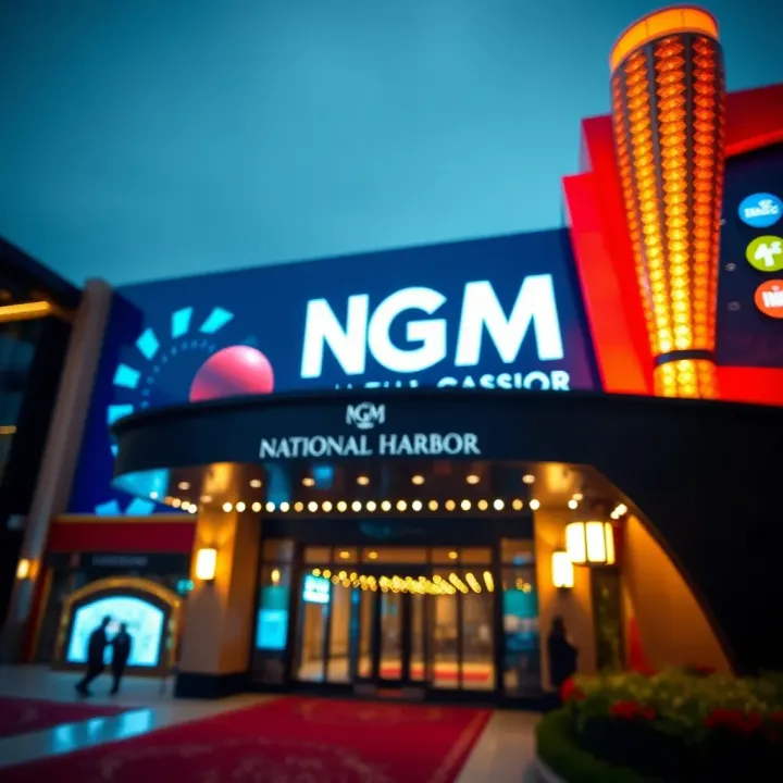 Exterior view of MGM Casino at National Harbor with bright lights and welcoming entrance