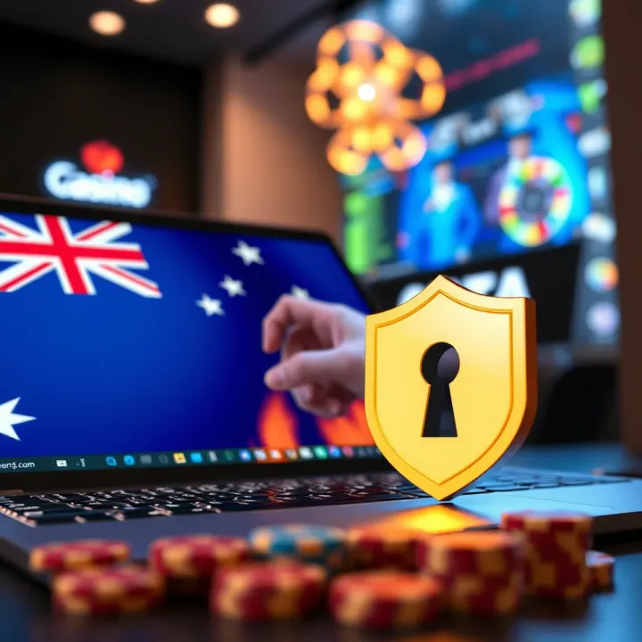 Illustration of secure online casino gaming on a laptop with Australian flag colors highlighting safety and trust