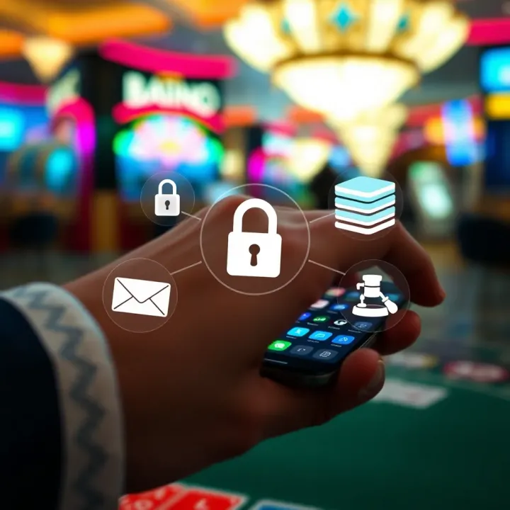 Secure mobile transaction on casino app with encryption symbols and legal compliance icons