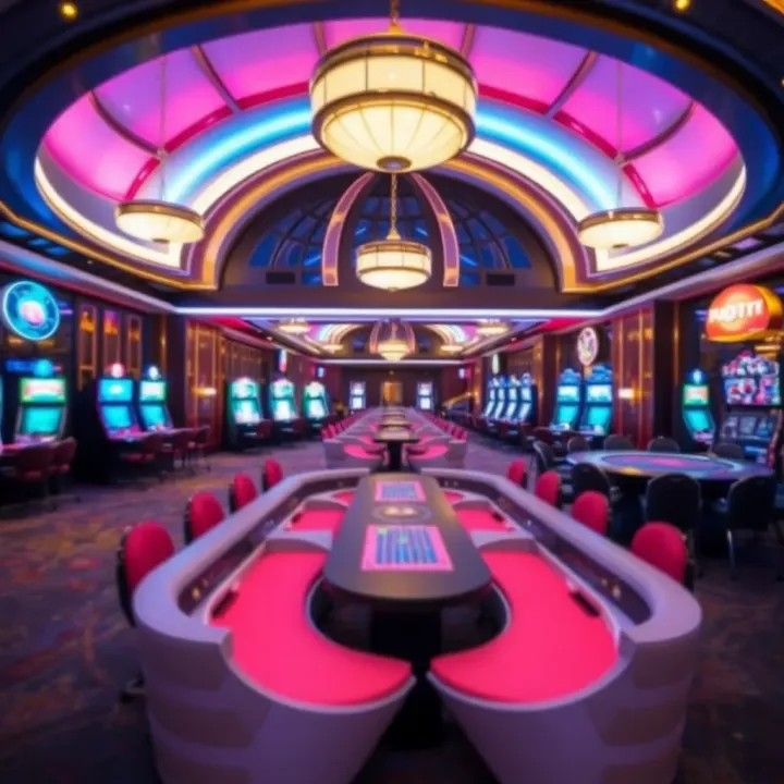 Luxurious casino interior showcasing elegant gaming tables and vibrant lighting