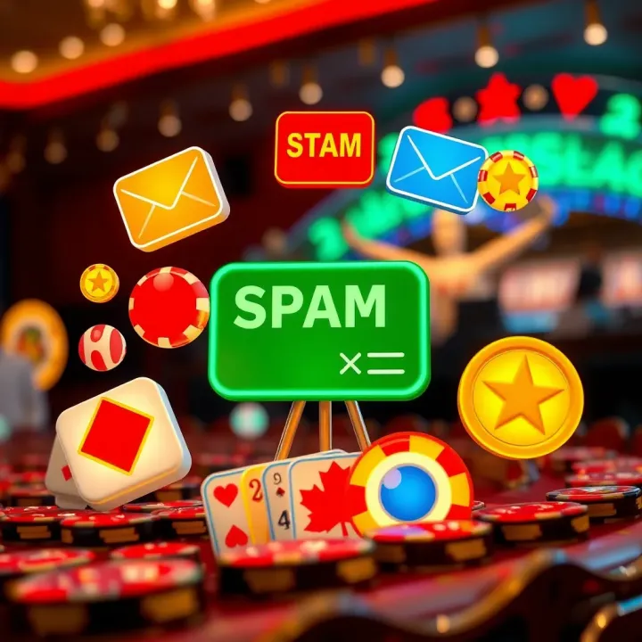 Illustration of diverse spam email icons with casino-related symbols highlighting the issue of unsolicited casino communications