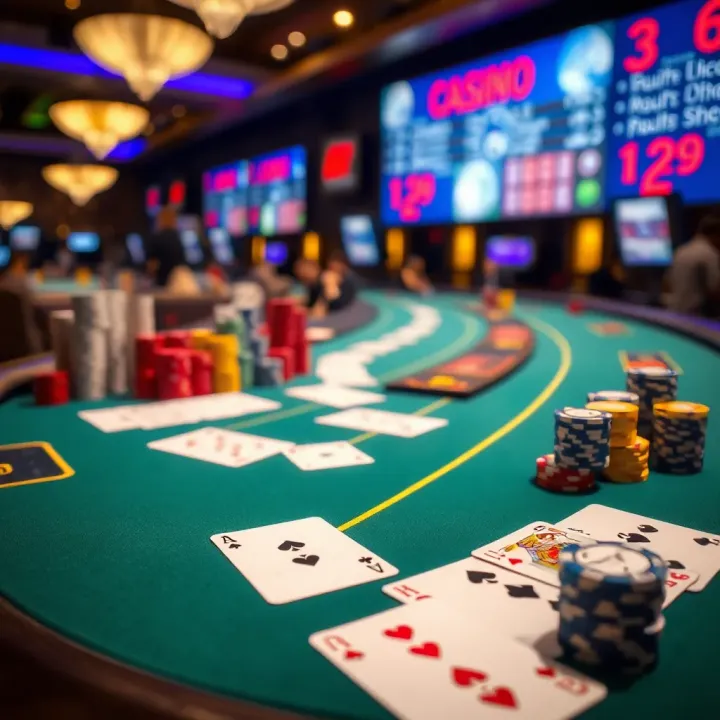 Casino table showing various chips and cards arranged for betting