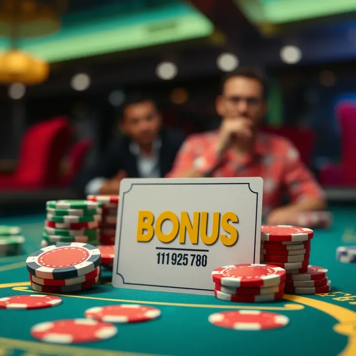 Colorful casino chips and bonus code card on a gaming table