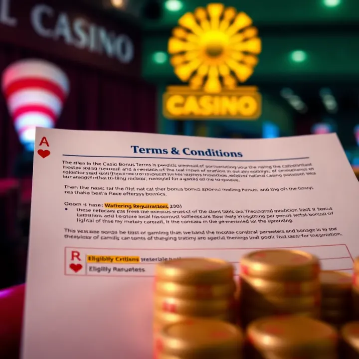 Illustration showing a casino bonus contract with highlighted sections on wagering requirements and eligibility criteria