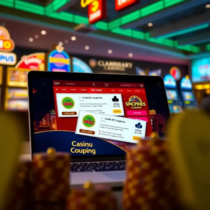 Digital coupons displayed on a laptop screen with casino game icons in the background