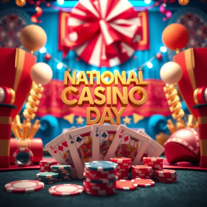 Colorful decorations and banners celebrating National Casino Day with gaming chips and cards