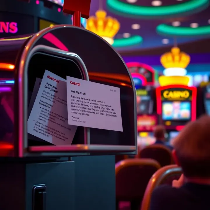A digital mailbox displaying various promotional emails from a national casino, highlighting offers and updates
