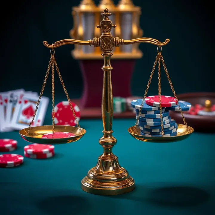 Illustration of legal scales balancing casino chips and playing cards symbolizing gambling regulations