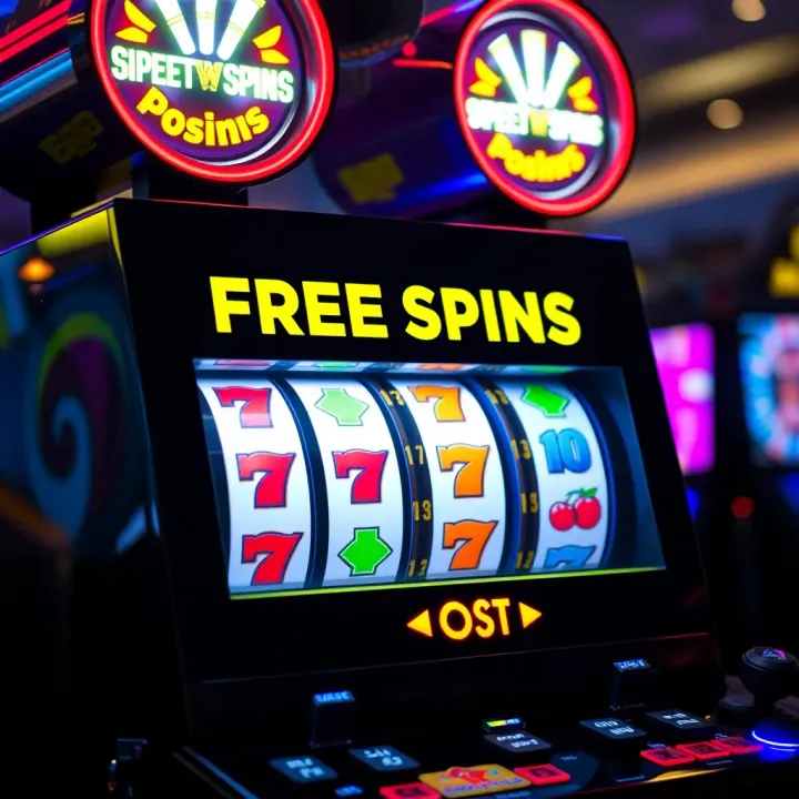 Bright casino slot machine displaying winning symbols with glowing lights