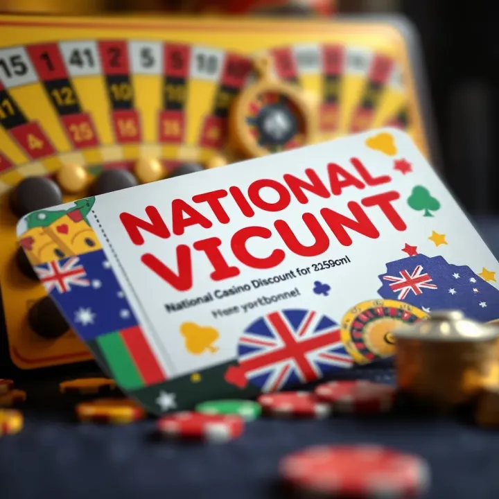 Close-up of a colorful discount voucher with casino-themed icons and Australian flag elements