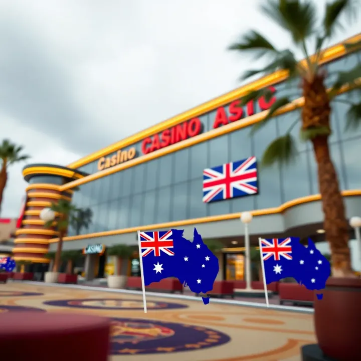 Illustration of a casino building with Australian flag symbols representing national licensing