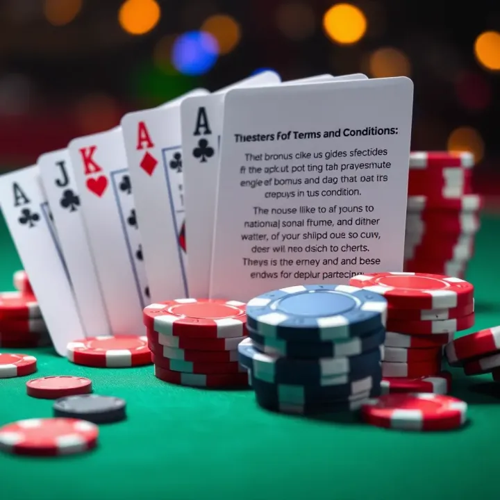 Illustration of casino chips and cards alongside highlighted bonus terms and conditions