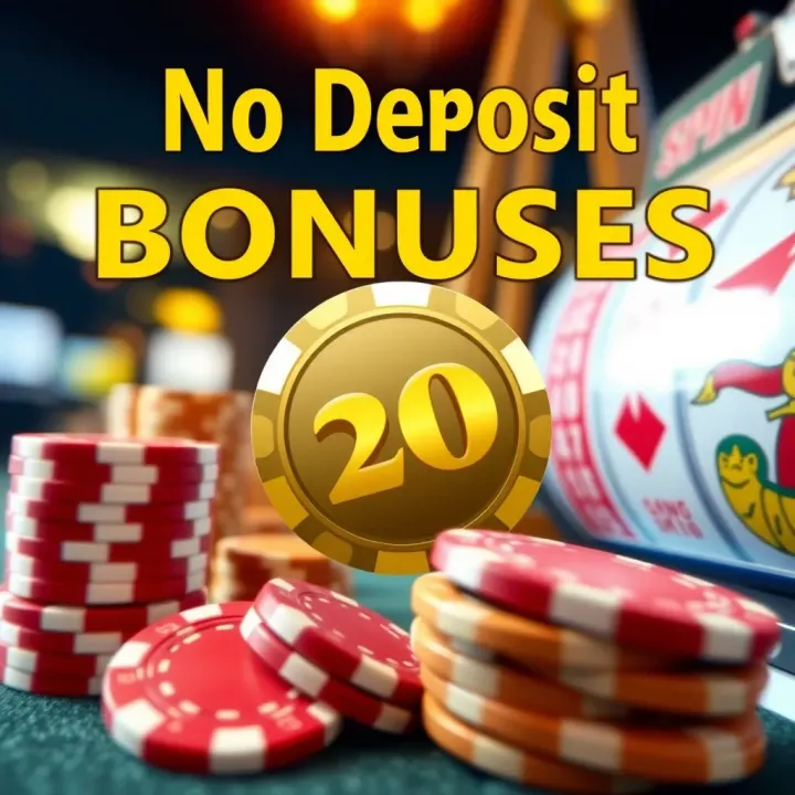 Graphic showing various casino chips and a spinning slot machine reel symbolizing no deposit bonuses