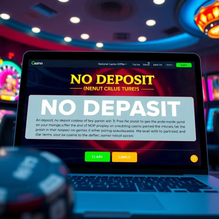 Online Casino Interface Featuring No Deposit Offer Details Graphic displaying an online casino interface highlighting no deposit offer details and key terms