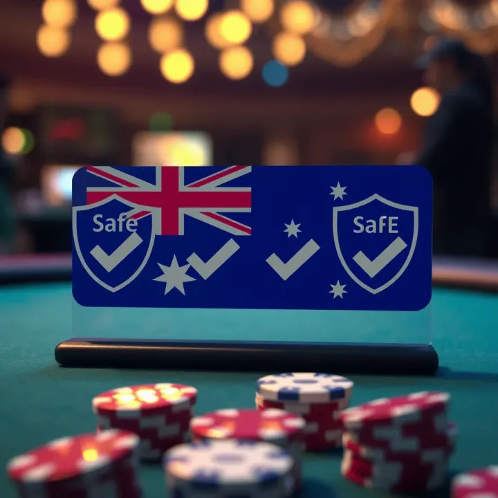 Graphic showing safe and responsible gambling concepts with shields, checkmarks, and Australian flag elements