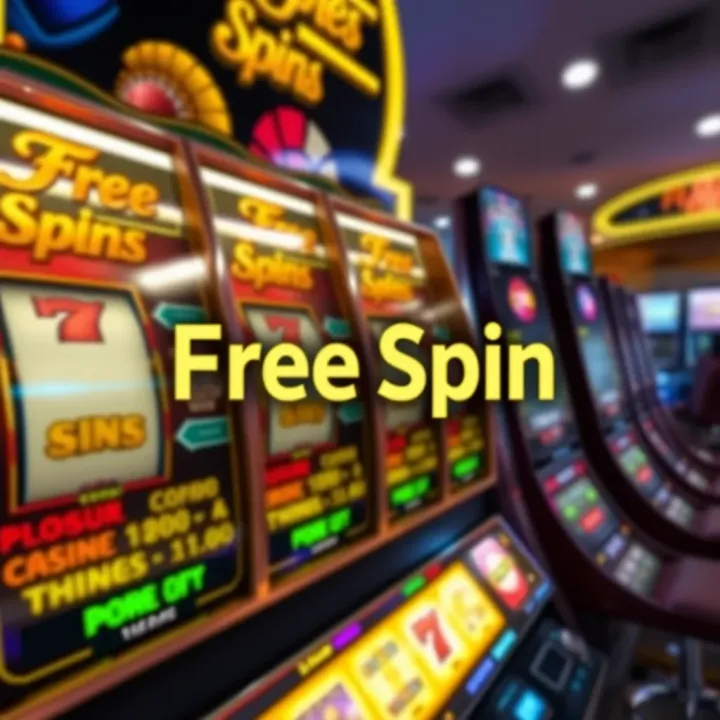 Casino Slot Machine Featuring Free Spins Bonus Offer Graphic depicting a casino slot machine with spinning reels highlighting free spins feature