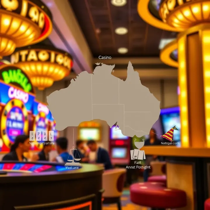 Diagram illustrating the concept of national casino ontrekking in Australia with legal symbols and casino elements