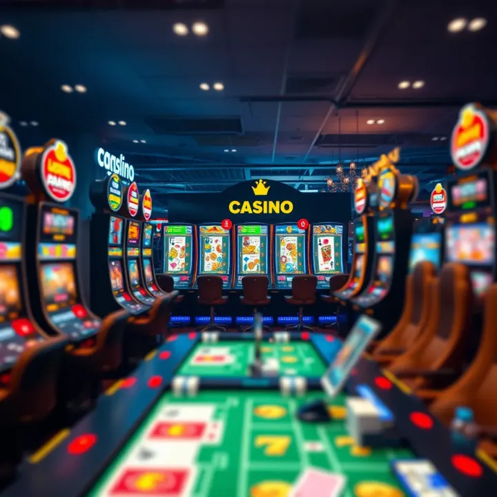 Overview of casino game selection with colorful slot machines and card games on screen