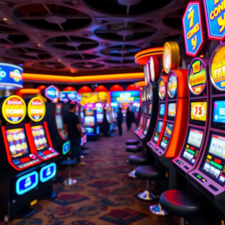 Illustration of a casino floor featuring multiple slot machines with bright lights and digital displays
