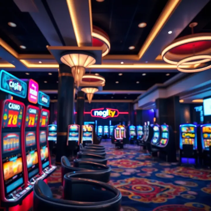 Interior View of a Contemporary National Casino Modern casino interior with gaming tables and slot machines illuminated by ambient lighting